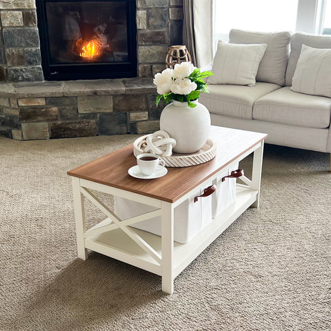 PHI VILLA Farmhouse-Inspired Manufactured Wood Coffee Table