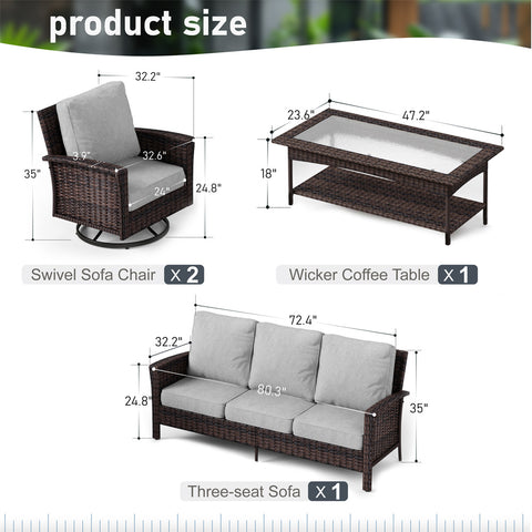 5 Seats Wicker Patio Conversation Sofa Set with Swivel Chairs