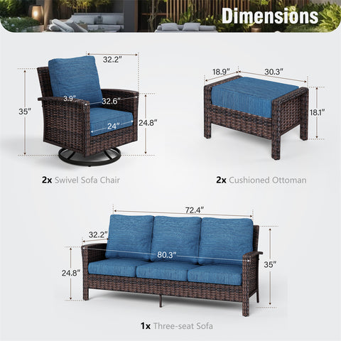 5 Seats Wicker Patio Conversation Sofa Set with Swivel Chairs