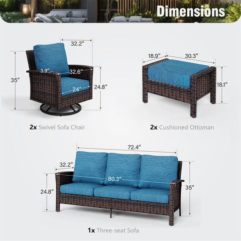 5 Seats Wicker Patio Conversation Sofa Set with Swivel Chairs