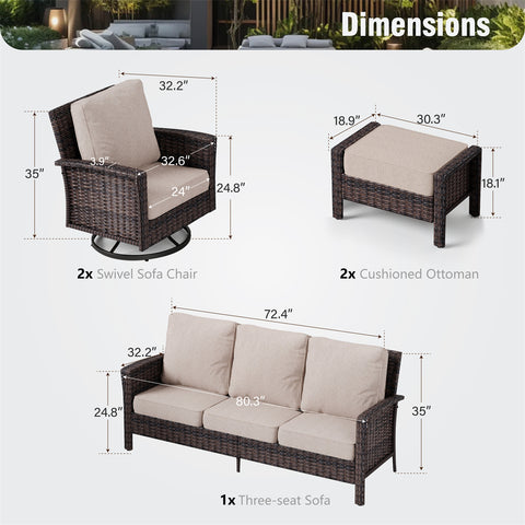 5 Seats Wicker Patio Conversation Sofa Set with Swivel Chairs