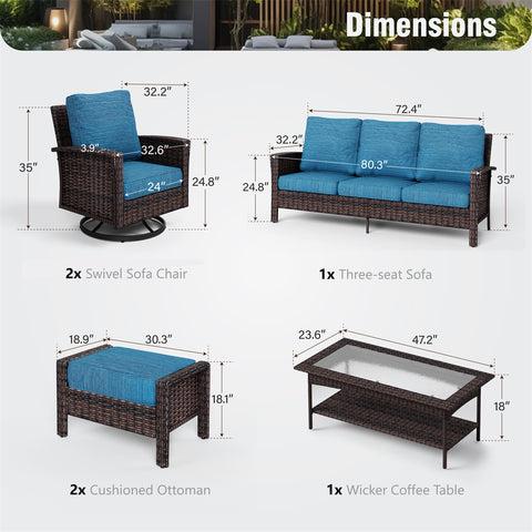 5 Seats Wicker Patio Conversation Sofa Set with Swivel Chairs