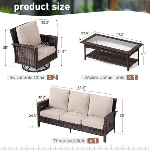 5 Seats Wicker Patio Conversation Sofa Set with Swivel Chairs