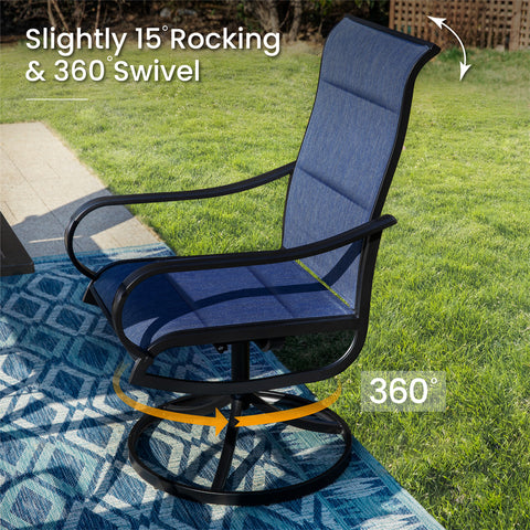 8-Piece 13ft Umbrella Patio Dining Set with Denim Blue / Grey Textilene Swivel Chair
