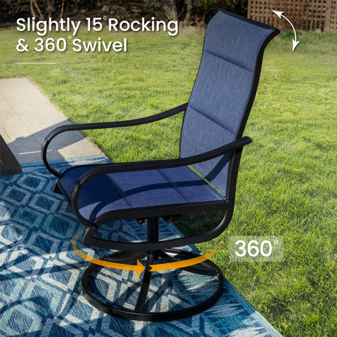 8-Piece 13ft Umbrella Patio Dining Set with Denim Blue / Grey Textilene Swivel Chair
