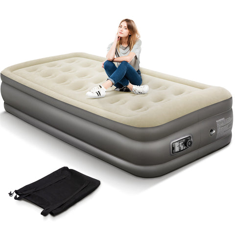 19” Twin Foldable Inflatable Air Mattress with Built-in Pump and Pillow for Camping and Home Guests