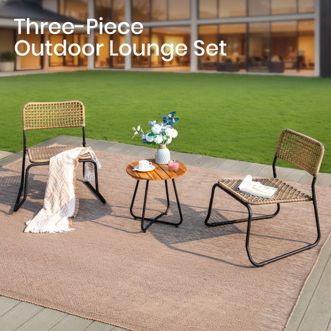 3-Piece Stackable Outdoor Rattan Patio Bistro Set with Solid Acacia Table