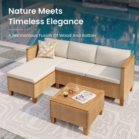 Outdoor Rattan Conversation Sofa Set with Acacia Wood Coffee Table