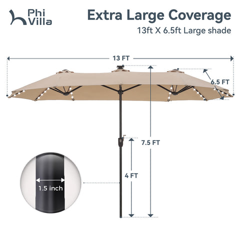 13ft Large Double-Sided Patio Umbrella with Solar Powered LED Lights