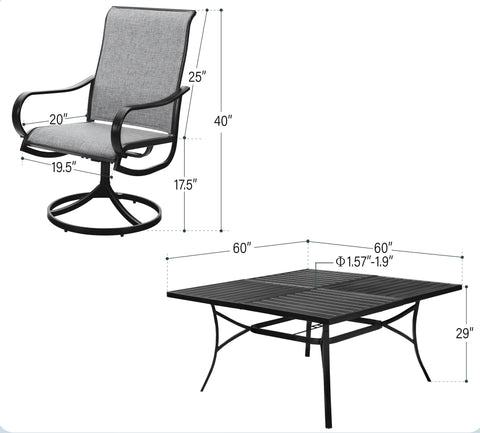 9-Piece Set Extra Large Square Table & Textilene Swivel Chairs