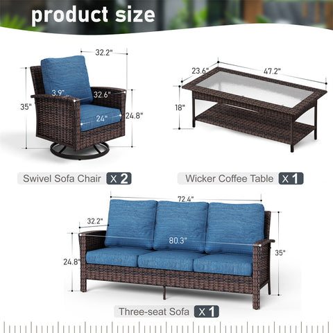 5 Seats Wicker Patio Conversation Sofa Set with Swivel Chairs