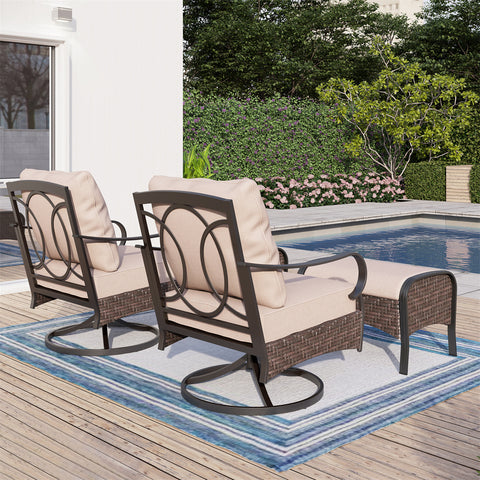 2-Seater Rattan-steel Cushioned Outdoor Conversation Set with Ottomans