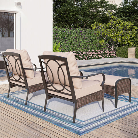 2-Seater Rattan-steel Cushioned Outdoor Conversation Set with Ottomans