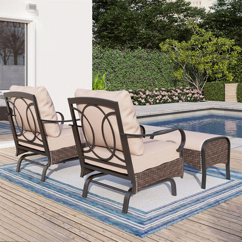 2-Seater Rattan-steel Cushioned Outdoor Conversation Set with Ottomans