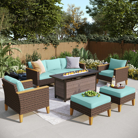7-Seat Luxurious Half-moon Rattan Sofa with 56" Rattan Fire Pit Table