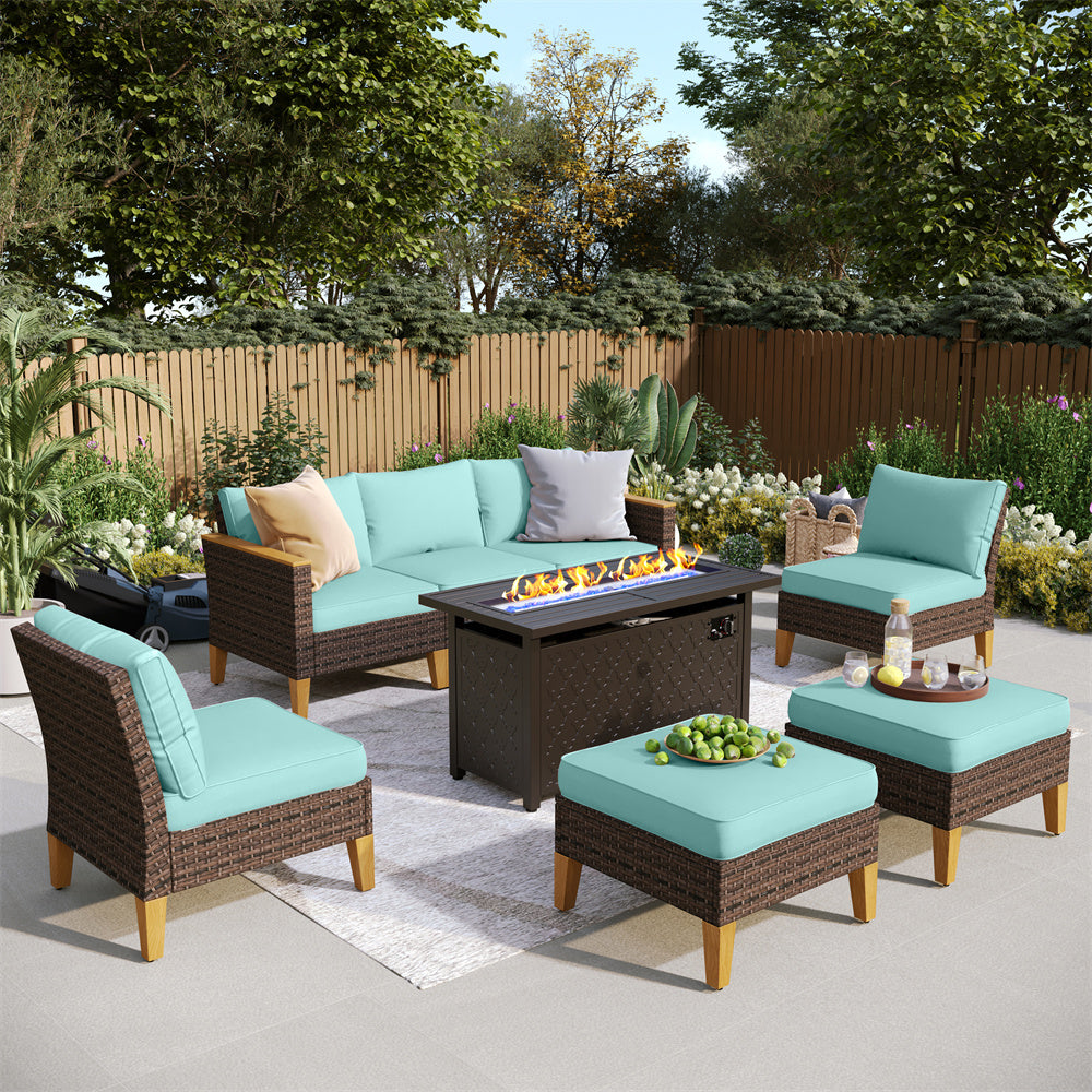 7-Seat Luxurious Half-moon Rattan Sofa with 45" Metal Fire Pit Table
