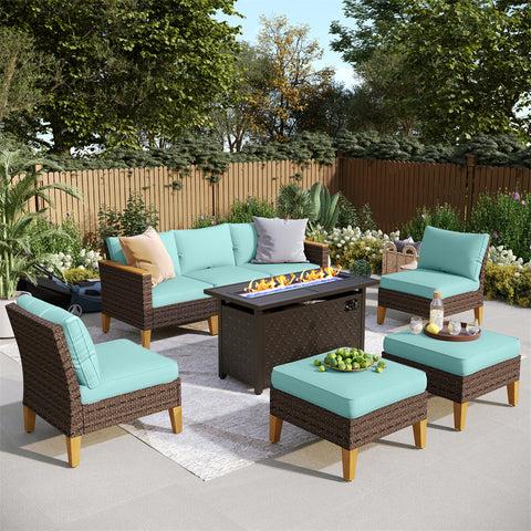 7-Seat Luxurious Half-moon Rattan Sofa with 45" Metal Fire Pit Table