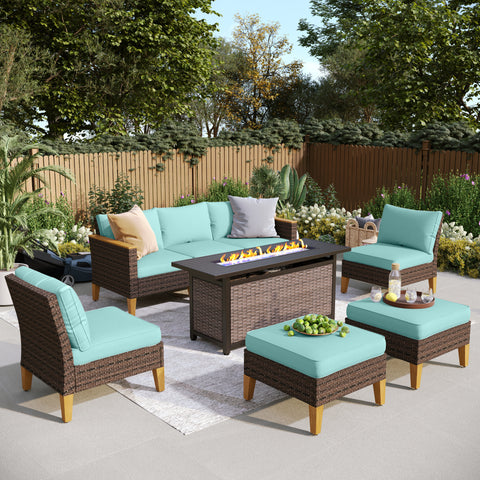 7-Seat Luxurious Half-moon Rattan Sofa with 56" Rattan Fire Pit Table