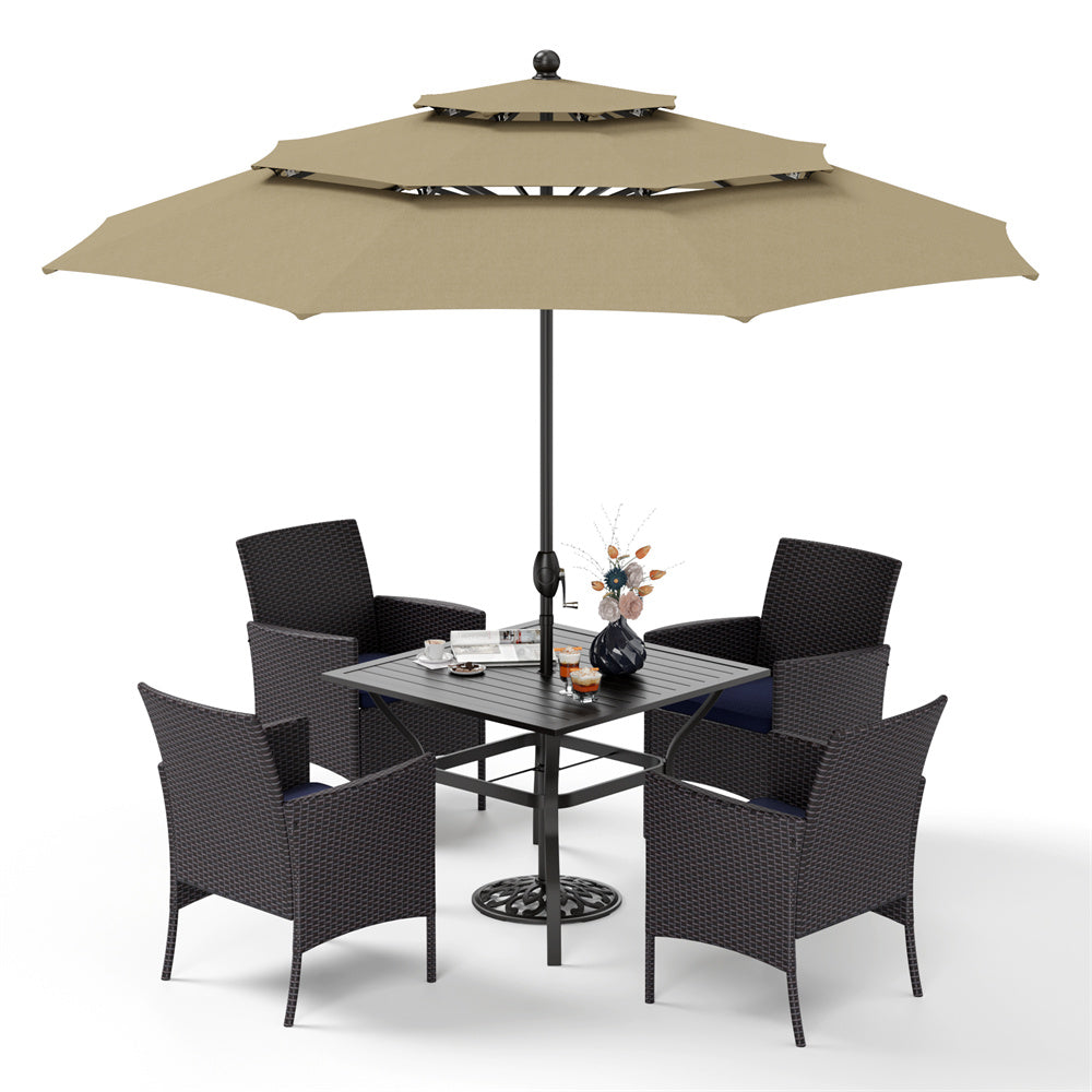 6-Piece Patio Dining Set with Umbrella Square Metal Dining Table & 4 Cushioned Rattan Chairs