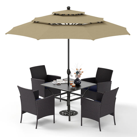 6-Piece Patio Dining Set with Umbrella Square Metal Dining Table & 4 Cushioned Rattan Chairs