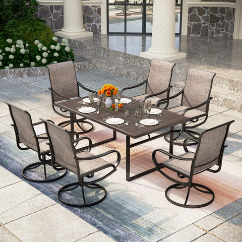 7-Piece Patio Dining Sets Wood-grain Pattern U-shaped-leg Table & Textilene Swivel Chairs