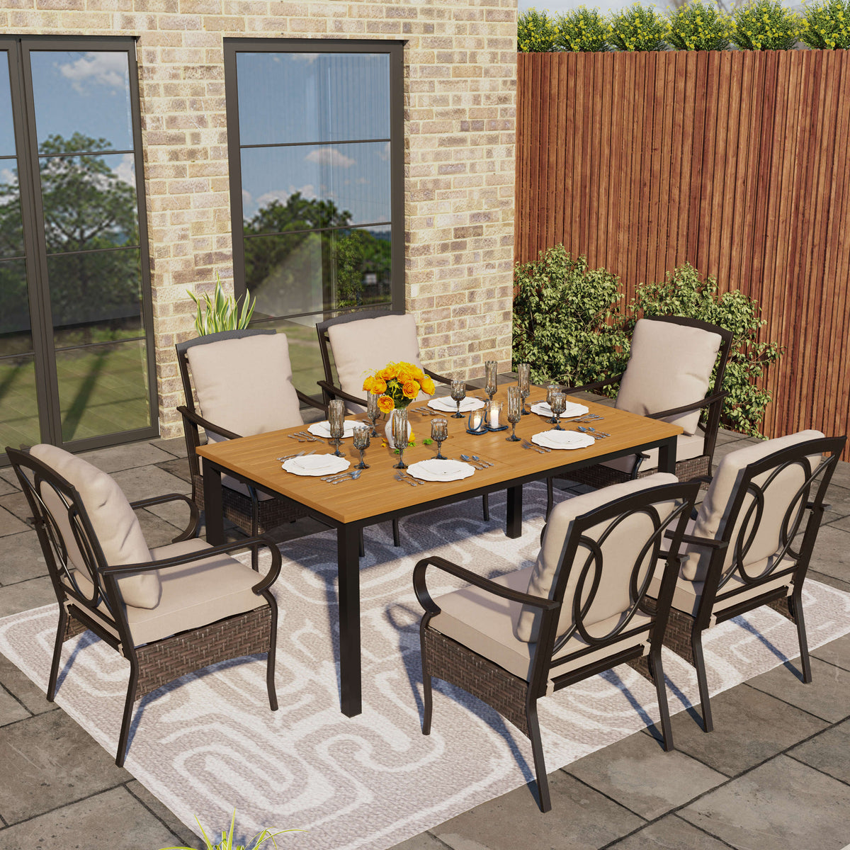 7-Piece Large Teak-grain Table & Rattan-steel Cushion Fixed Chairs Patio Dining Sets