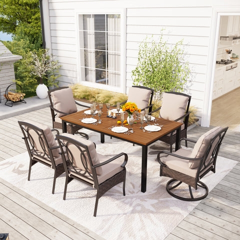 7-Piece Large Teak-grain Table & Rattan-steel Cushion Fixed Chairs Patio Dining Sets