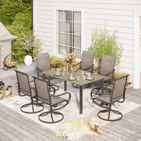 7-Piece Patio Dining Set Farmhouse Style Wood Grain Patio Dining Table and Textilene Swivel Chairs