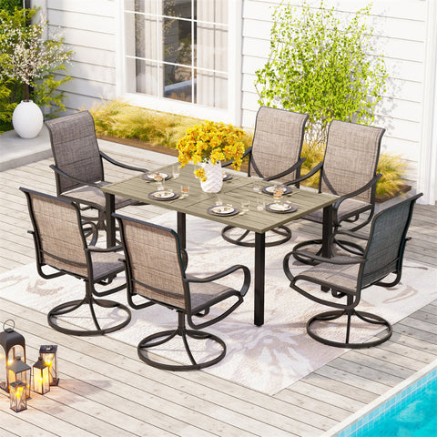 7-Piece Patio Dining Set Farmhouse Style Wood Grain Patio Dining Table and Textilene Swivel Chairs
