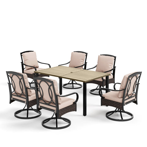 7-Piece Teak-grain Table & Rattan-steel Cushion Swivel Chairs Patio Dining Sets