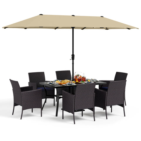 8-Piece Outdoor Dining Set with 13’ Umbrella Large Rectangle Metal Dining Table & Cushioned Rattan Chairs