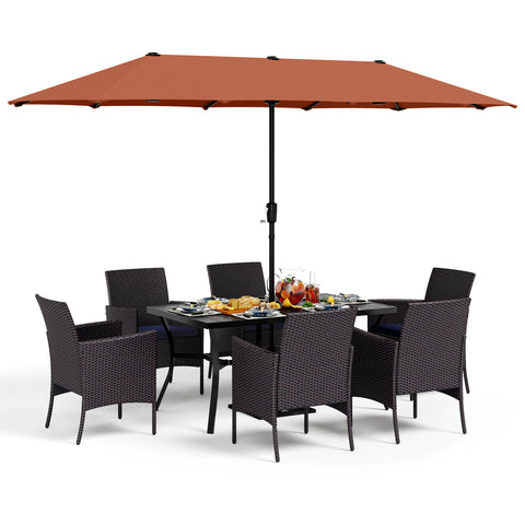 8-Piece Outdoor Dining Set with 13’ Umbrella Large Rectangle Metal Dining Table & Cushioned Rattan Chairs