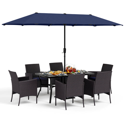 8-Piece Outdoor Dining Set with 13’ Umbrella Large Rectangle Metal Dining Table & Cushioned Rattan Chairs