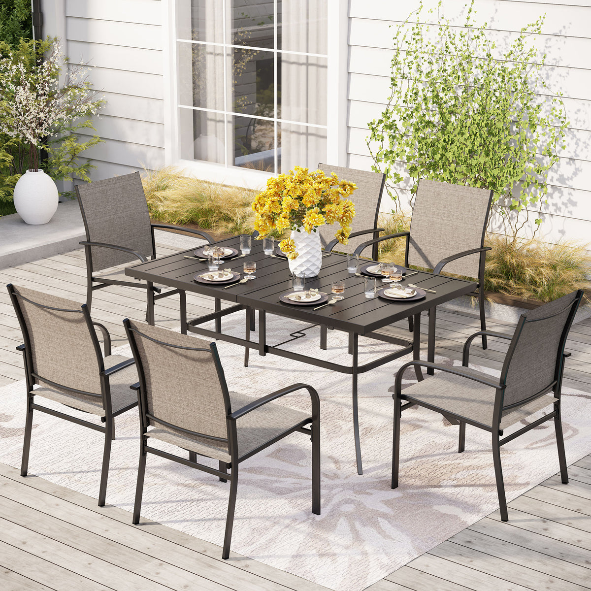 7-Piece Colorful Textilene Fixed Chair Dining Sets for Backyard