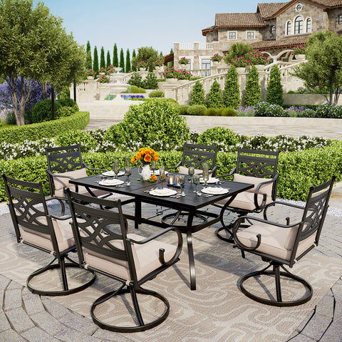 8-Piece 13ft Umbrella Patio Dining Set with Elegant Cast Iron Pattern Swivel Chairs