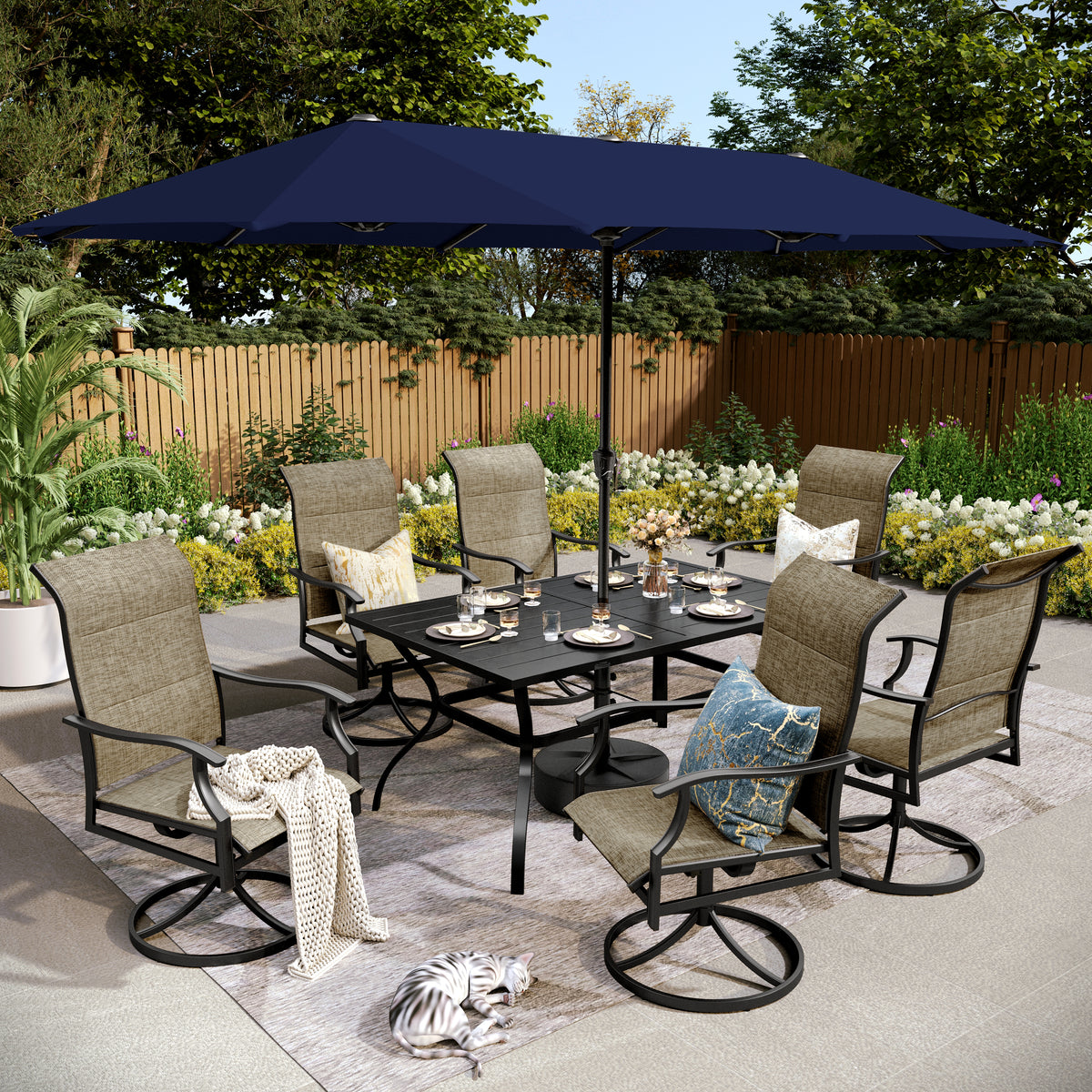 8-Piece 13ft Umbrella Patio Dining Set with High Back Textilene Swivel Chair and Metal Table