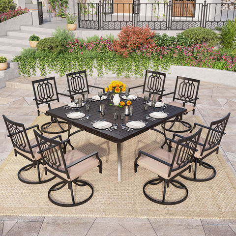 9-Piece Extra-large Square Table & Pattern Swivel Chairs Patio Dining Set