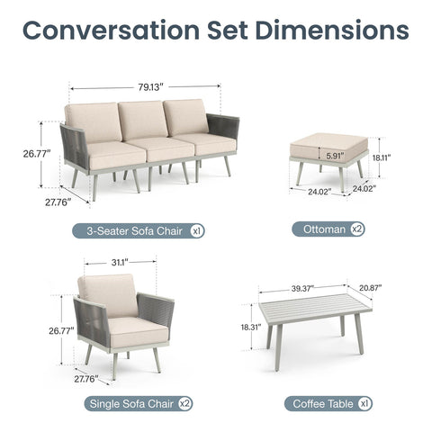 5 Seats Wicker Patio Conversation Sofa Set with Classic Rope Rattan Style