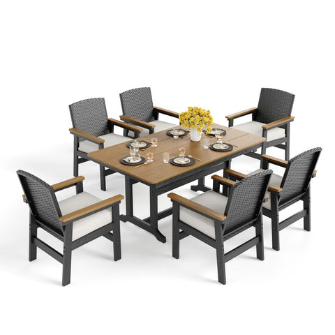 7-Piece Outdoor Dining Set with HDPE Rattan Chair and Wood-grain Table