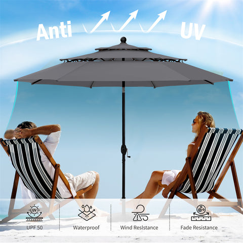 10ft 3 Tier Auto-tilt Patio Umbrella Outdoor Double Vented Umbrella