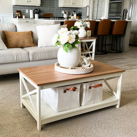 PHI VILLA Farmhouse-Inspired Manufactured Wood Coffee Table