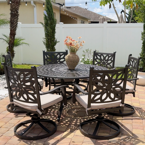 7-Piece Cast Aluminum Patio Dining Set Round Table & Flower Back Chairs