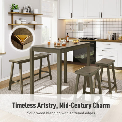 4-Piece Solid Wood Bar Table Set with Saddle Stools and Bench
