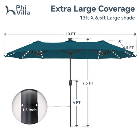 13ft Large Double-Sided Patio Umbrella with Solar Powered LED Lights