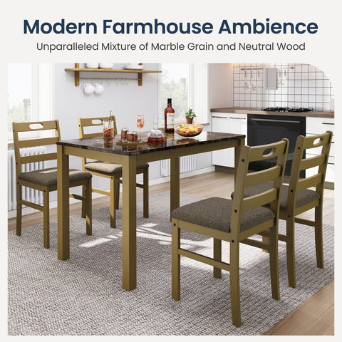 5-Piece Modern Farmhouse Dining Set with Faux Marble Tabletop & Rubber Wood Chairs