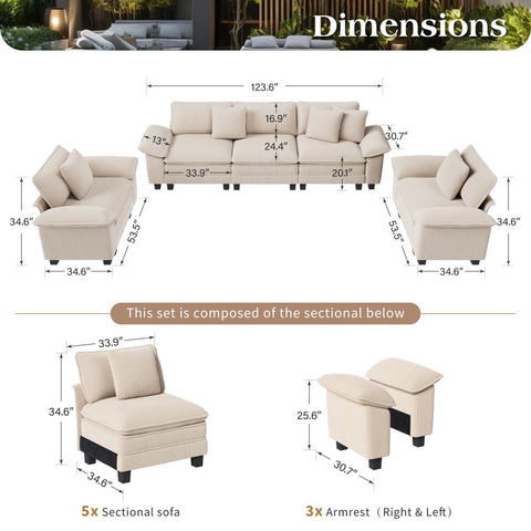 Modern Corduroy Sectional Cloud Sofa Set with Deep Seats for Living Room