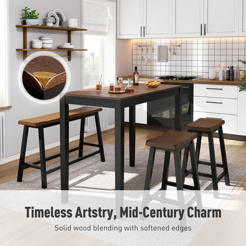 4-Piece Solid Wood Bar Table Set with Saddle Stools and Bench