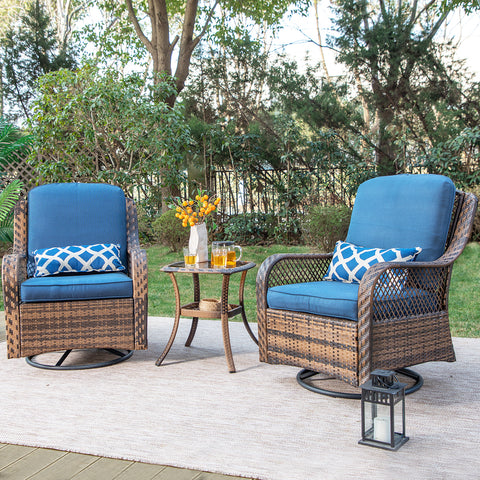 3-Piece Patio Conversation Set with Rattan Swivel Rocking Chairs