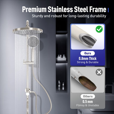 Brushed Nickel Multi-Function Rain Shower Head with Handheld Spray and Adjustable Height