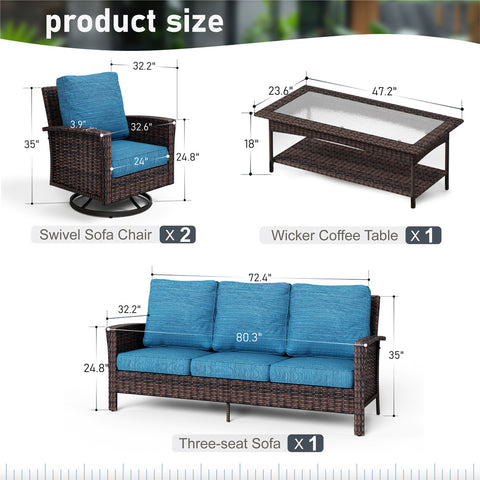 5 Seats Wicker Patio Conversation Sofa Set with Swivel Chairs